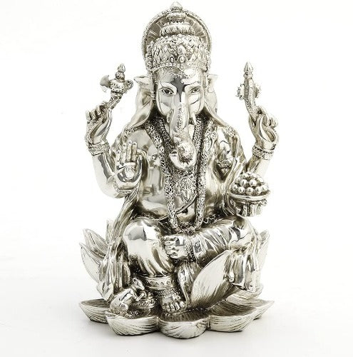 FIGURA GANESHA PLATEADO SENTADO EN LOTO