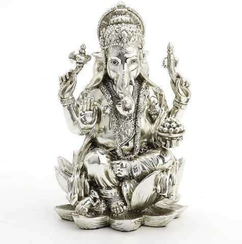 FIGURA GANESHA PLATEADO SENTADO EN LOTO